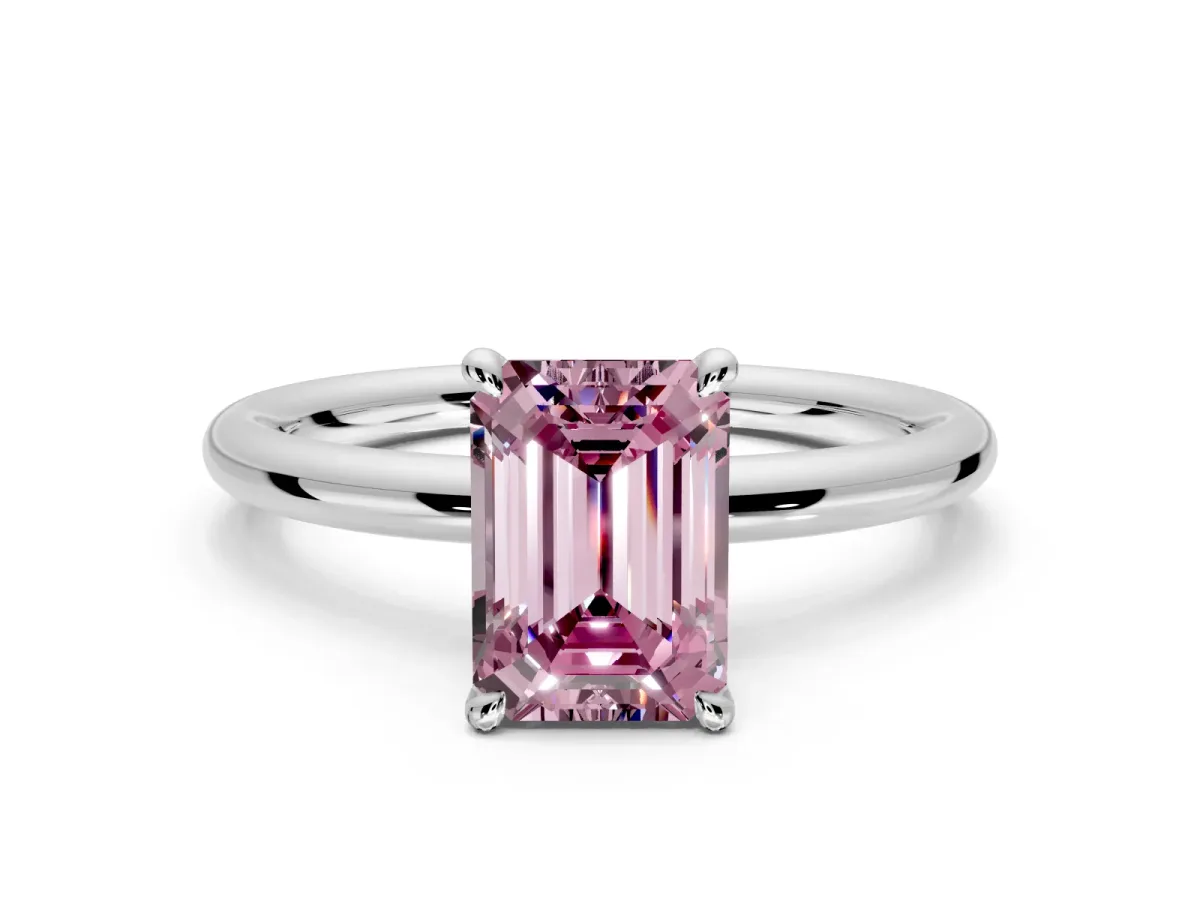 Hidden Halo Engagement Ring Setting for Fancy Pink Emerald Cut Center with Thin Rounded Band and Prong Head in White Gold