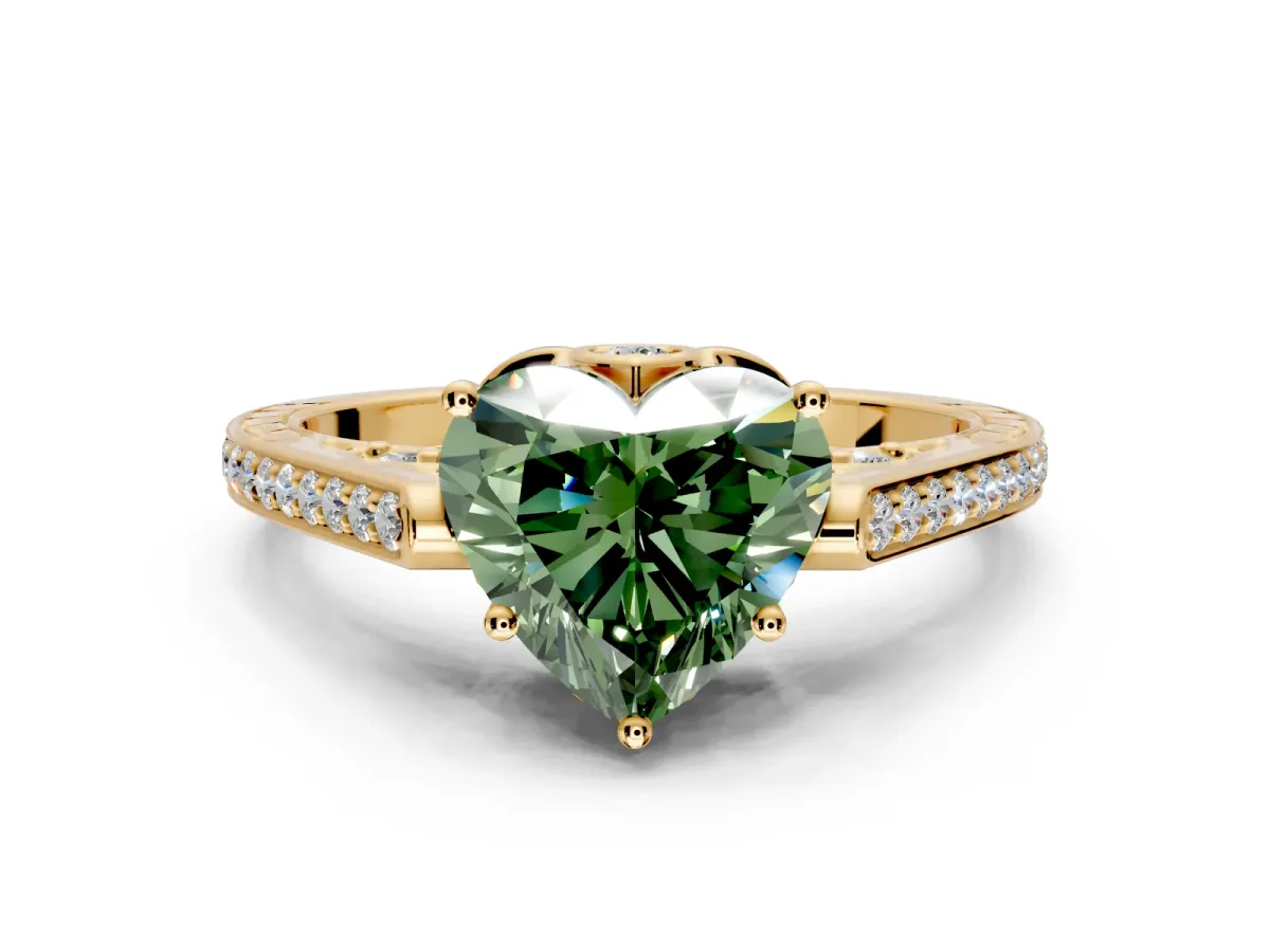 Cathedral Engagement Ring Setting for Fancy Green Heart-Shaped Center with Antique-Style Pave Band and Prong Head in Yellow Gold