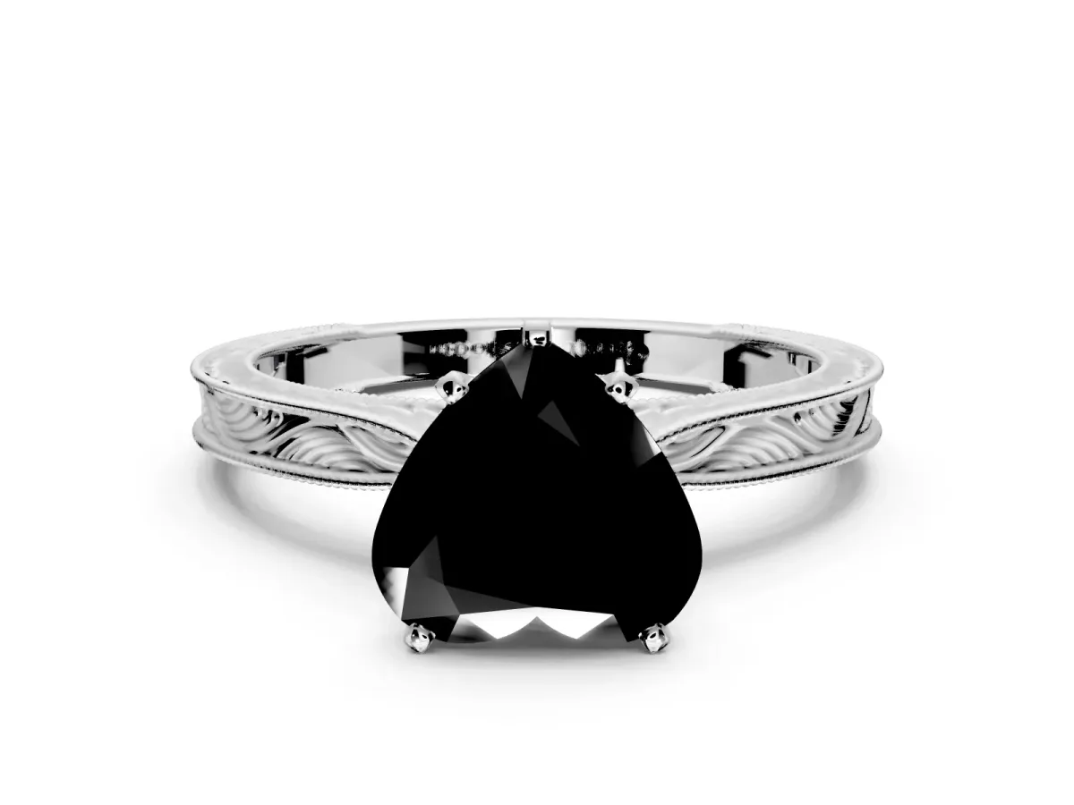 Solitaire Engagement Ring Setting for Fancy Black Heart-Shaped Center with Engraved Milgrain Band and Prong Head in Sterling Silver