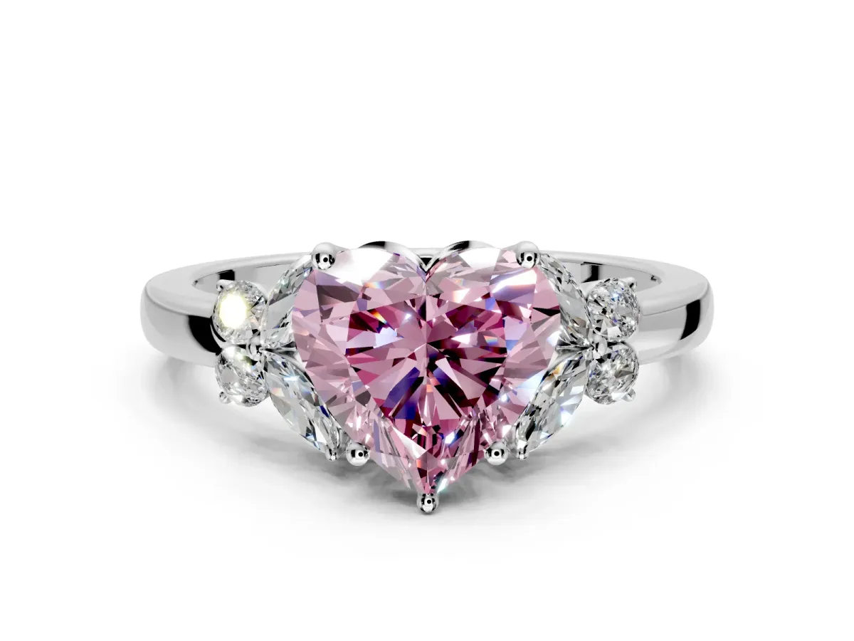 Solitaire Engagement Ring Setting for Fancy Pink Heart-Shaped Center with Marquise Flower Shoulders and Prong Head in Platinum