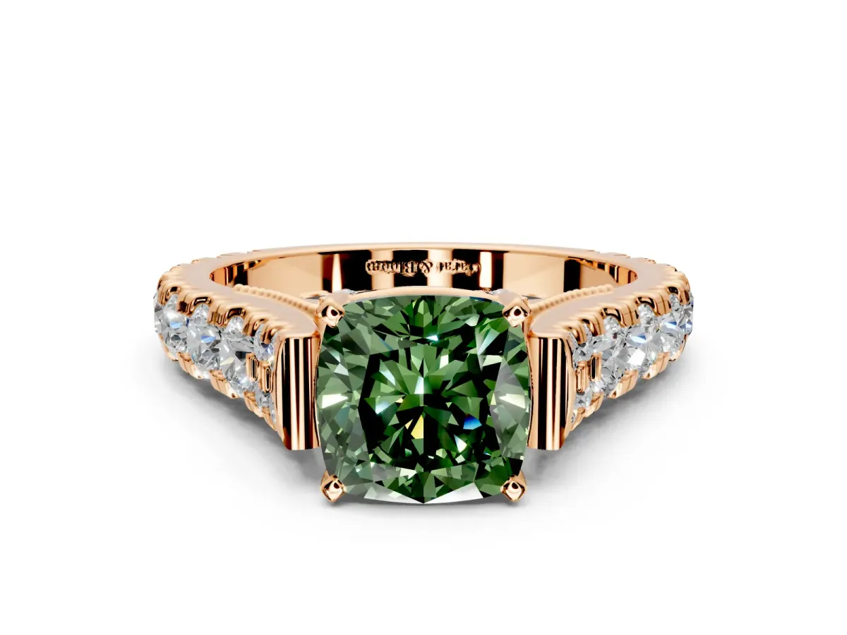 Solitaire Engagement Ring Setting for Fancy Green Cushion Cut Center with Pave Cathedral Shoulders and Prong Head in Rose Gold