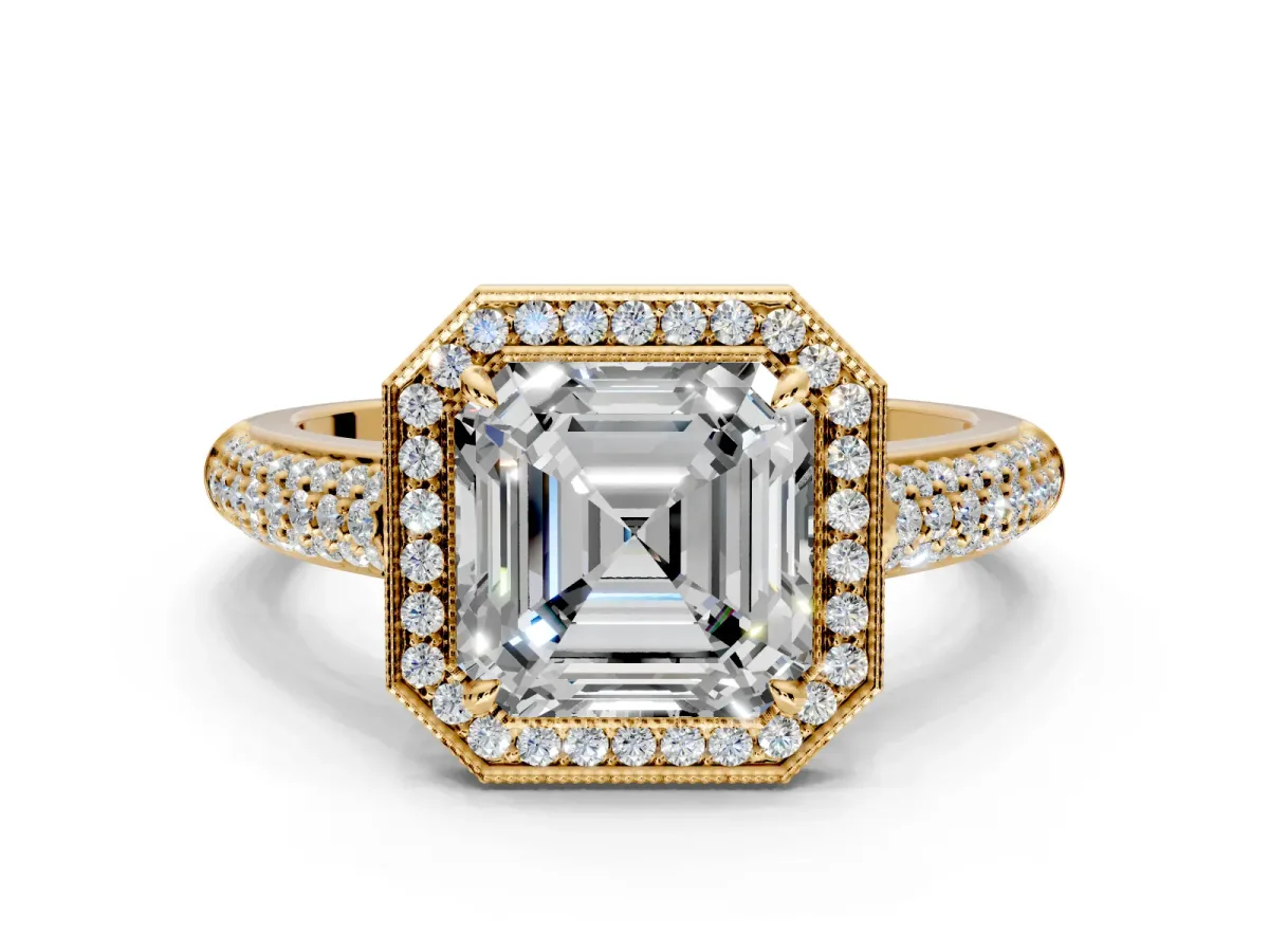 Milgrain Halo Engagement Ring Setting for Asscher Cut Center with Three-Sided Pave Band and Prong Head in Yellow Gold