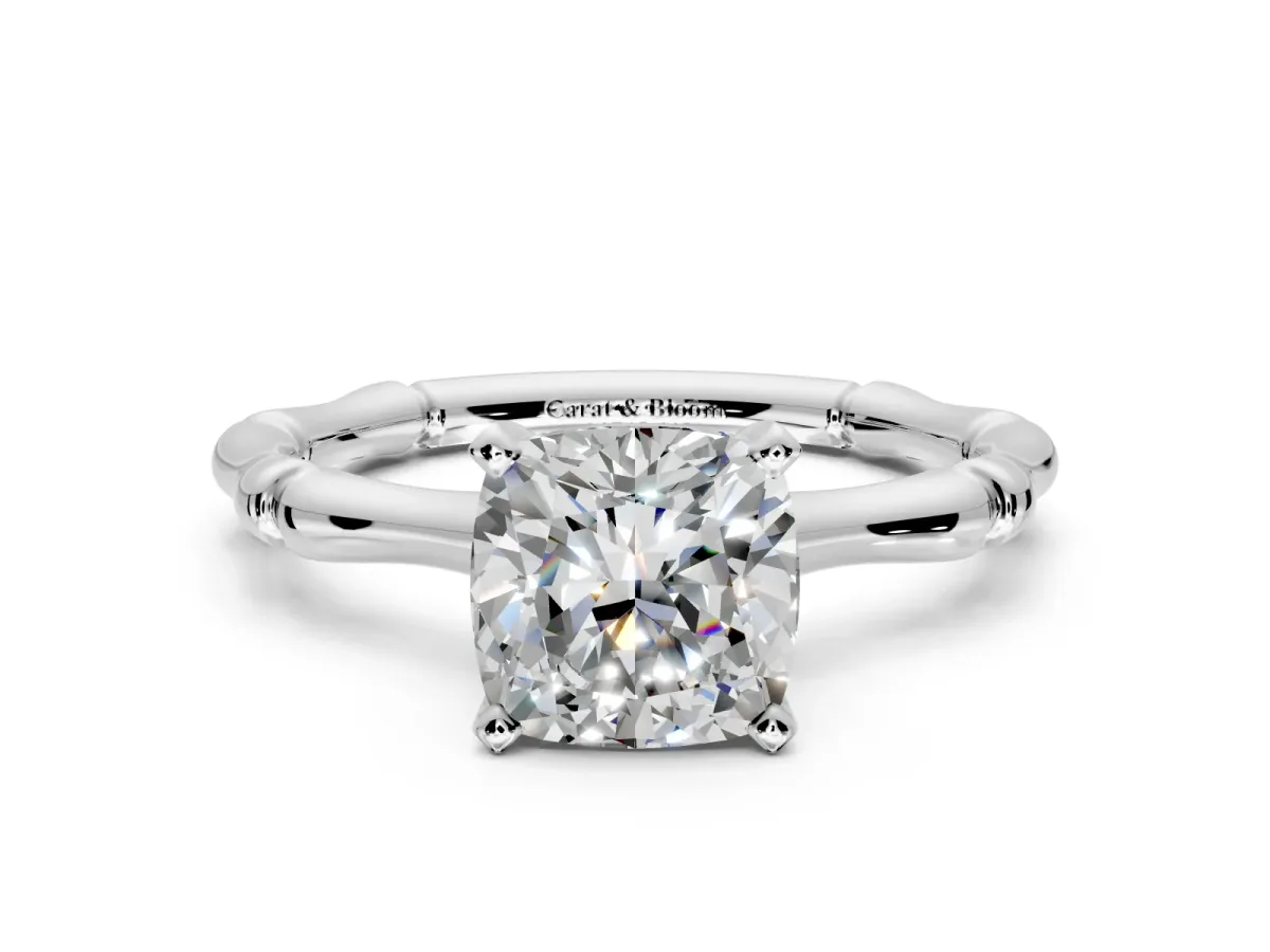 Solitaire Engagement Ring Setting for Cushion Cut Center with Bamboo Band and Prong Head in Sterling Silver