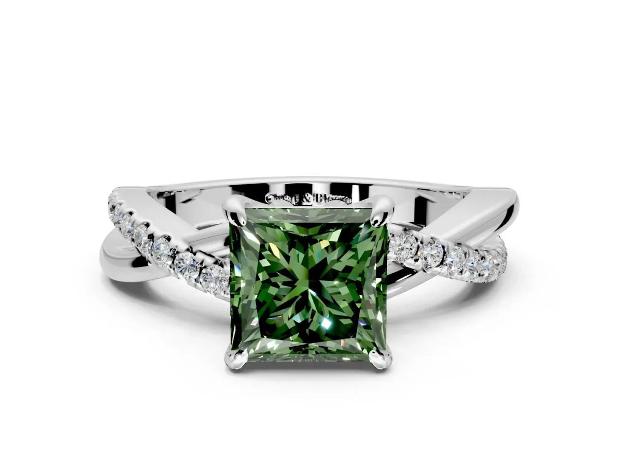 Solitaire Engagement Ring Setting for Fancy Green Princess Cut Center with Half-Pave Crossover Band and Prong Head in White Gold
