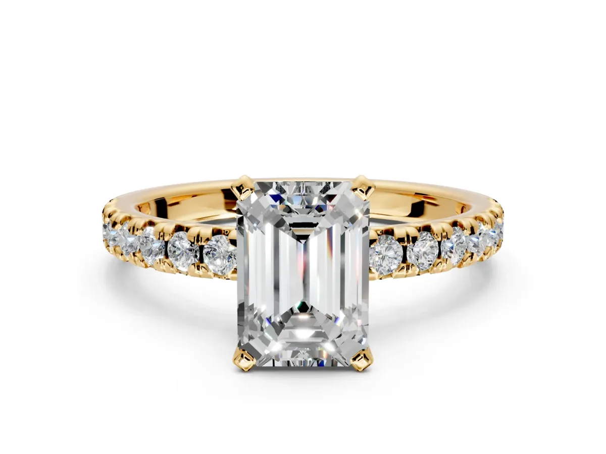 Solitaire Engagement Ring Setting for Emerald Cut Center with Large Accents and Prong Head in Yellow Gold