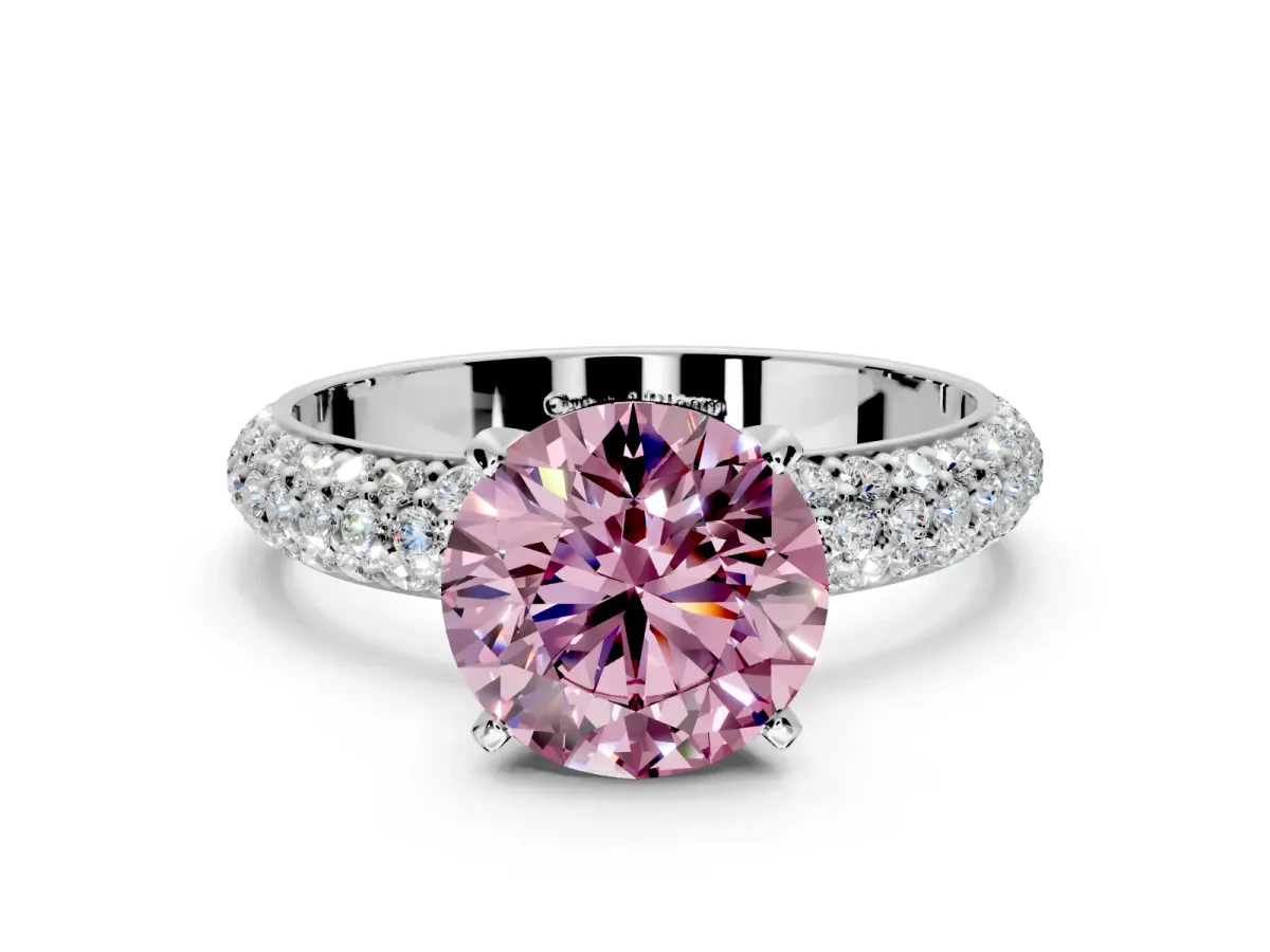 Solitaire Engagement Ring Setting for Fancy Pink Round Cut Center with Domed Multi-Row Pave Band and Prong Head in Platinum