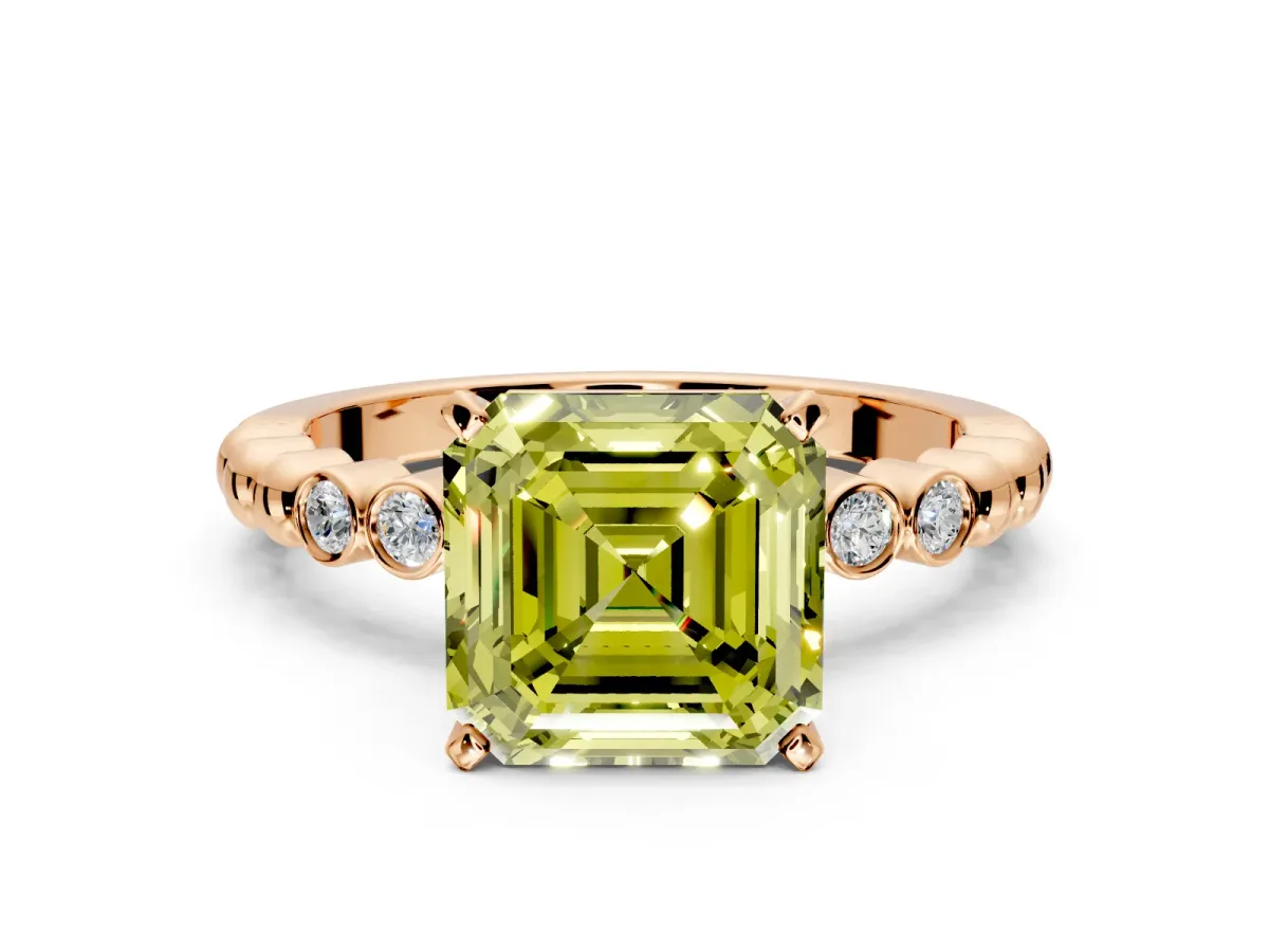 Solitaire Engagement Ring Setting for Fancy Yellow Asscher Cut Center with Bezel-Dot Beaded Band and Prong Head in Rose Gold