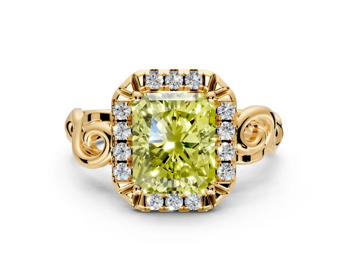 Halo Engagement Ring Setting for Fancy Yellow Radiant Cut Center with Open Scroll Shoulders and Prong Head in Yellow Gold