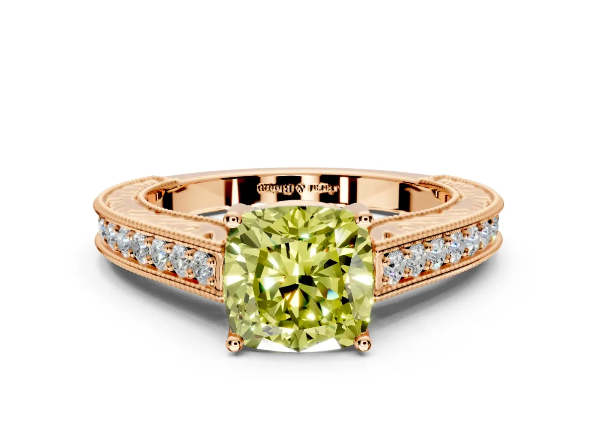 Solitaire Engagement Ring Setting for Fancy Yellow Cushion Cut Center with Engraved Pave Band and Prong Head in Rose Gold