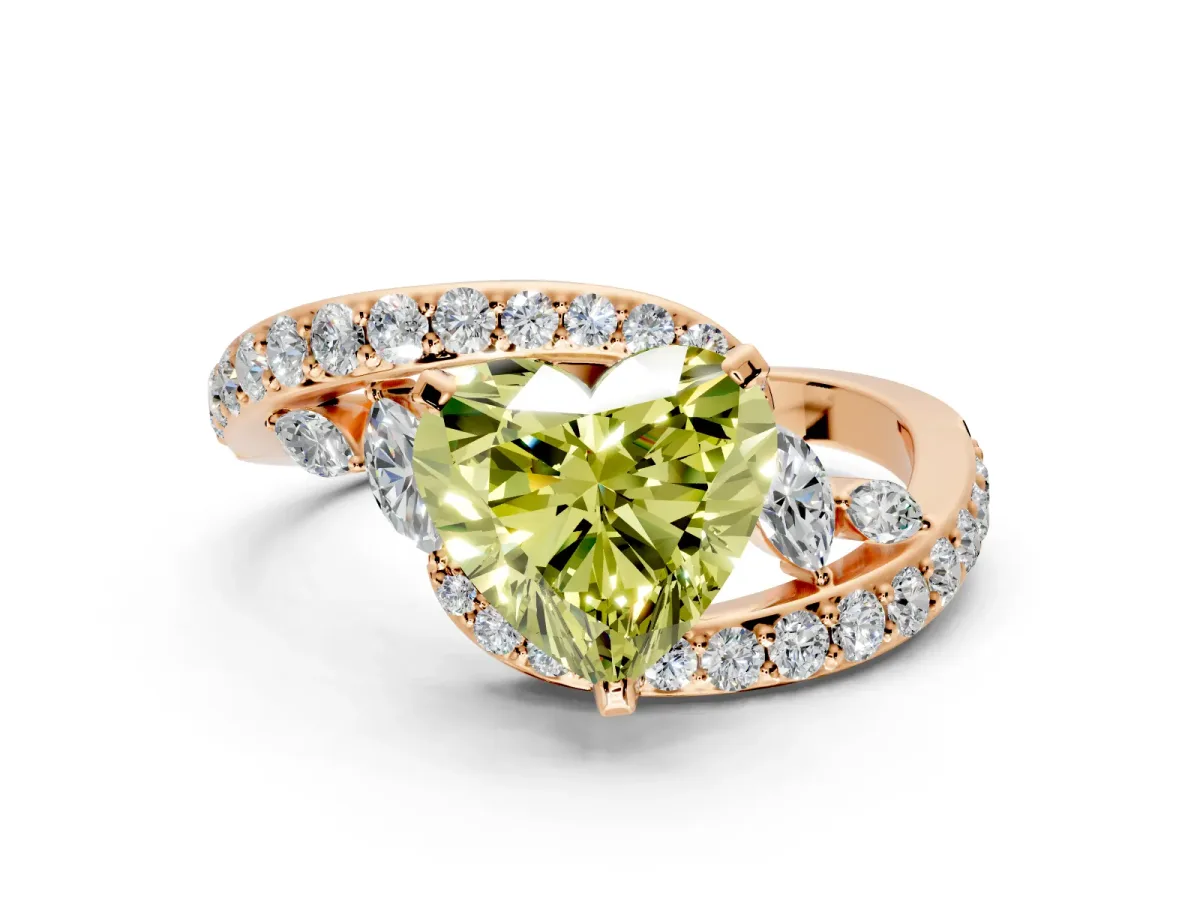 Solitaire Engagement Ring Setting for Fancy Yellow Heart-Shaped Center with Pave Bypass Twist Band and Prong Head in Rose Gold