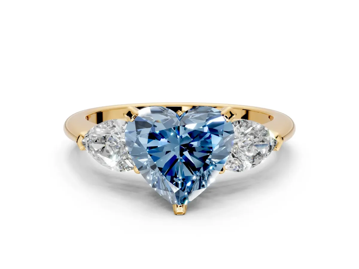 3 Stone Engagement Ring Setting for Fancy Blue Heart-Shaped Center with Large Pear-Shaped Accents and Prong Head in Yellow Gold