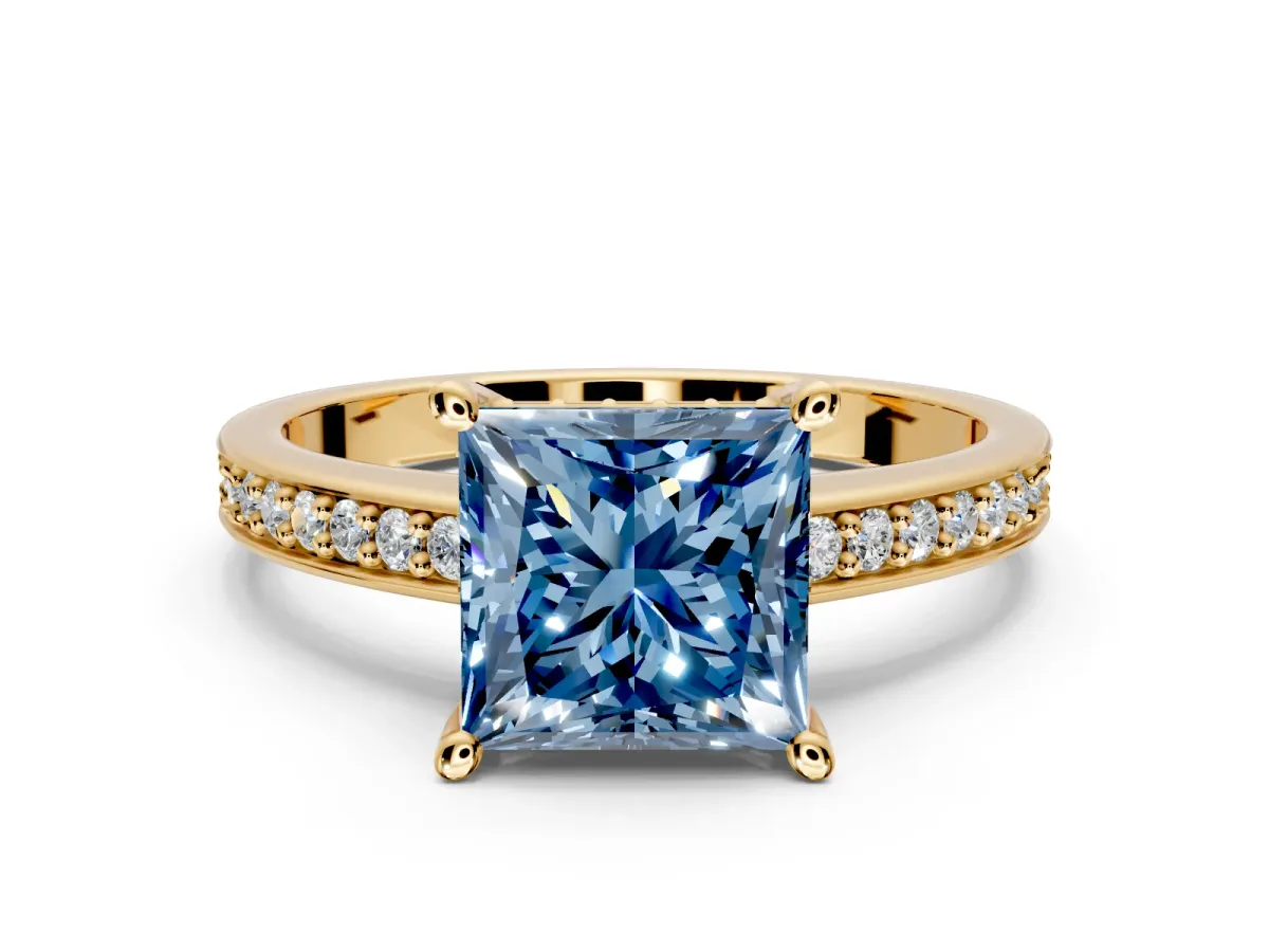 Solitaire Engagement Ring Setting for Fancy Blue Princess Cut Center with Channel-Set Accent Band and Prong Head in Yellow Gold
