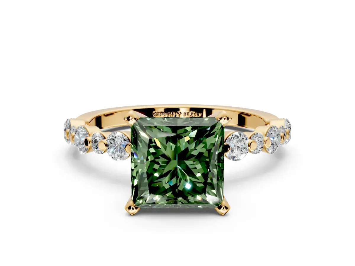 Solitaire Engagement Ring Setting for Fancy Green Princess Cut Center with Alternating Size Accents and Prong Head in Yellow Gold