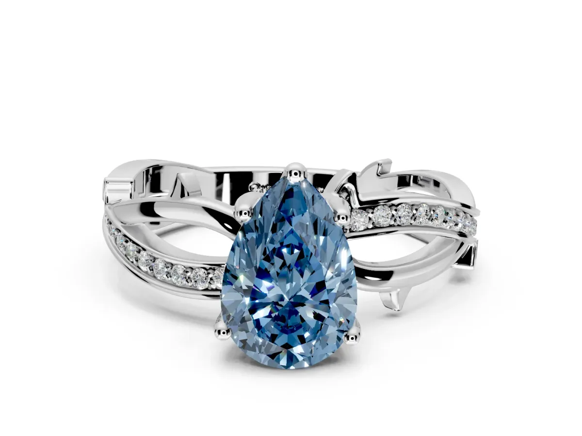 Solitaire Engagement Ring Setting for Fancy Blue Pear-Shaped Center with Pave and Plain Crossover Band and Prong Head in Sterling Silver
