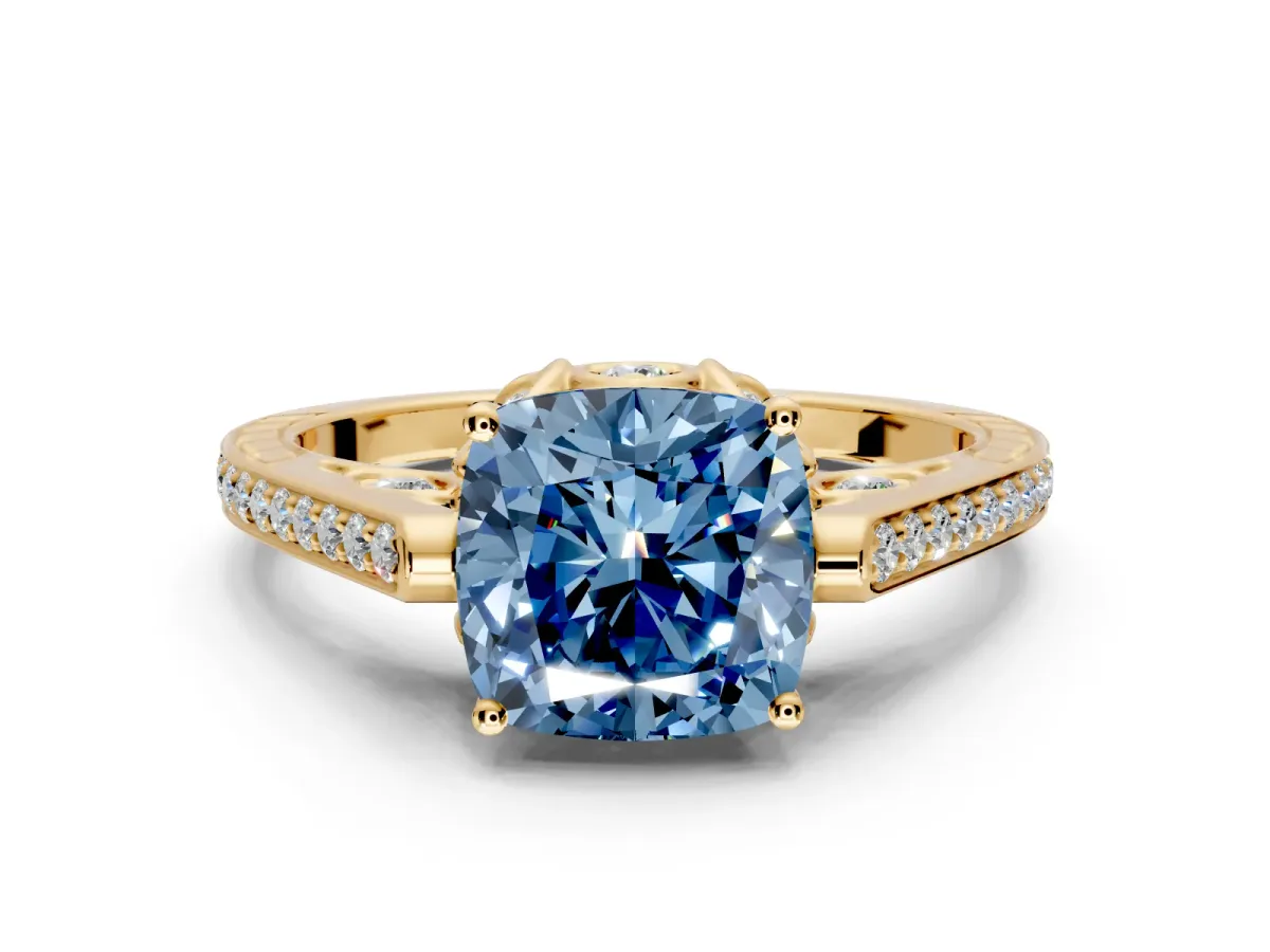 Cathedral Engagement Ring Setting for Fancy Blue Cushion Cut Center with Antique-Style Pave Band and Prong Head in Yellow Gold