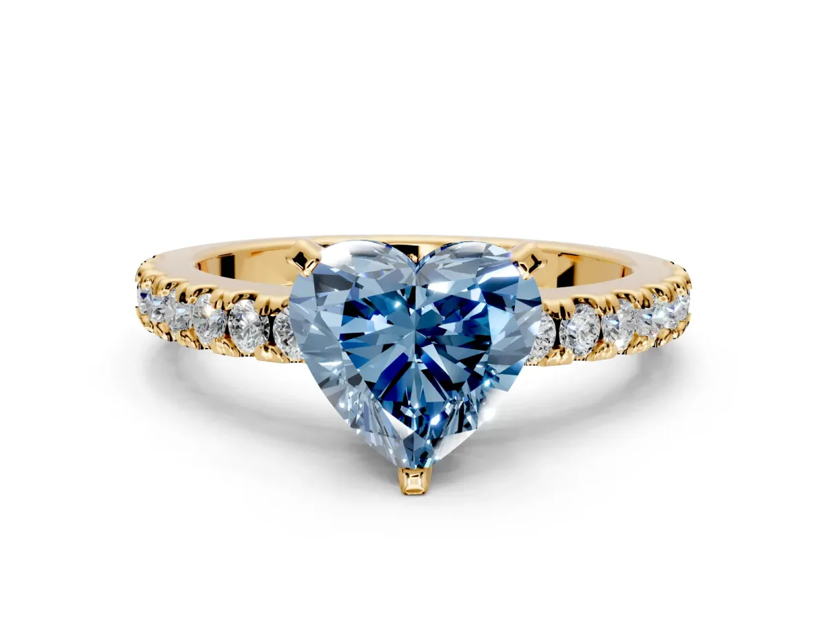 Solitaire Engagement Ring Setting for Fancy Blue Heart-Shaped Center with Single Row Accent Band and Prong Head in Yellow Gold