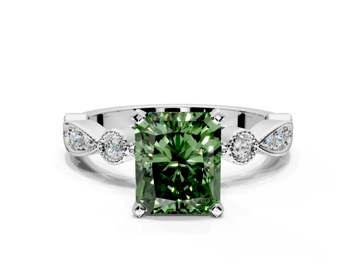 Solitaire Engagement Ring Setting for Fancy Green Radiant Cut Center with Milgrain Bezel Accents and Prong Head in White Gold
