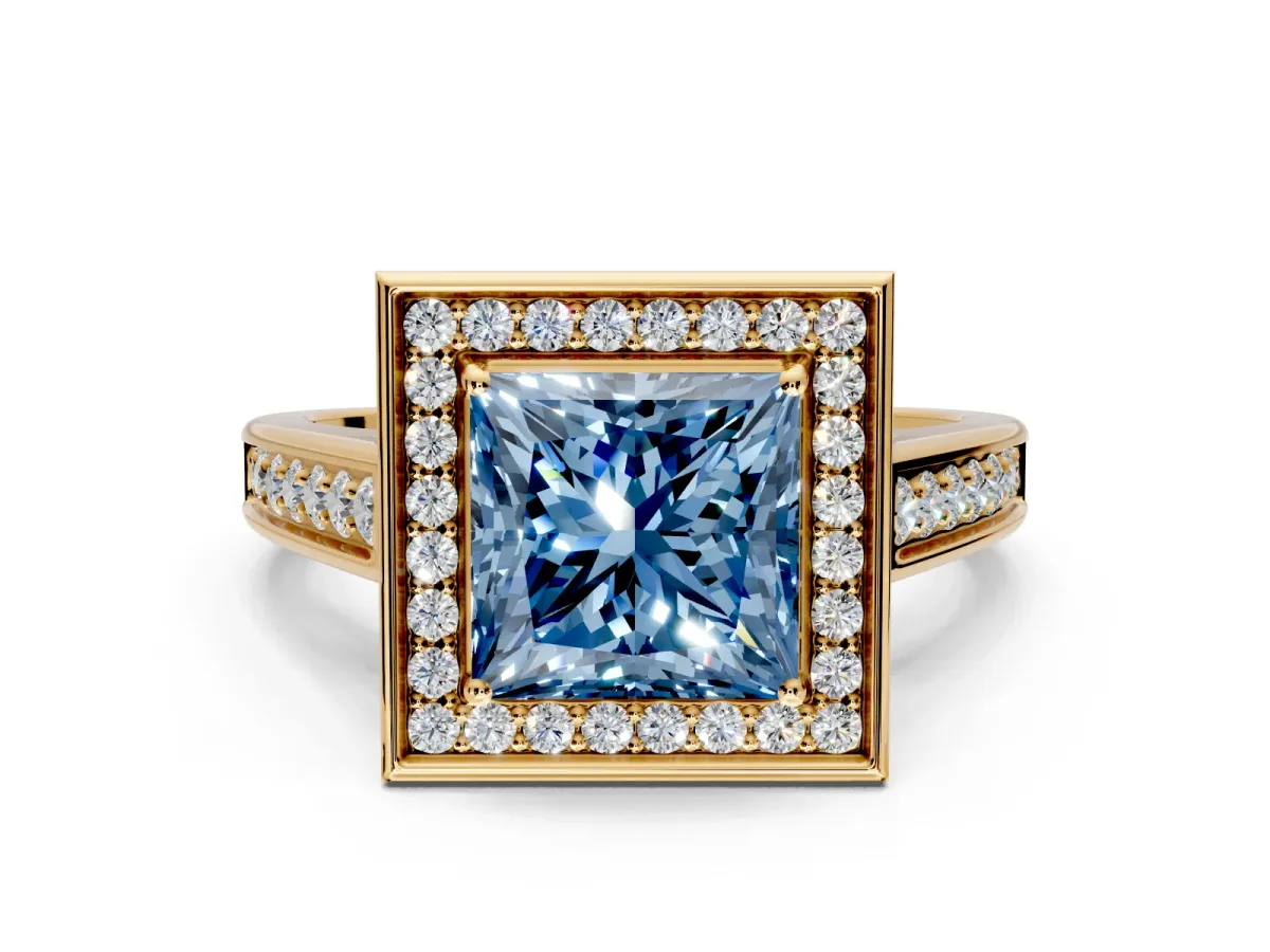 Halo Engagement Ring Setting for Fancy Blue Princess Cut Center with Outer Bezel Rim, Pave Band and Prong Head in Yellow Gold