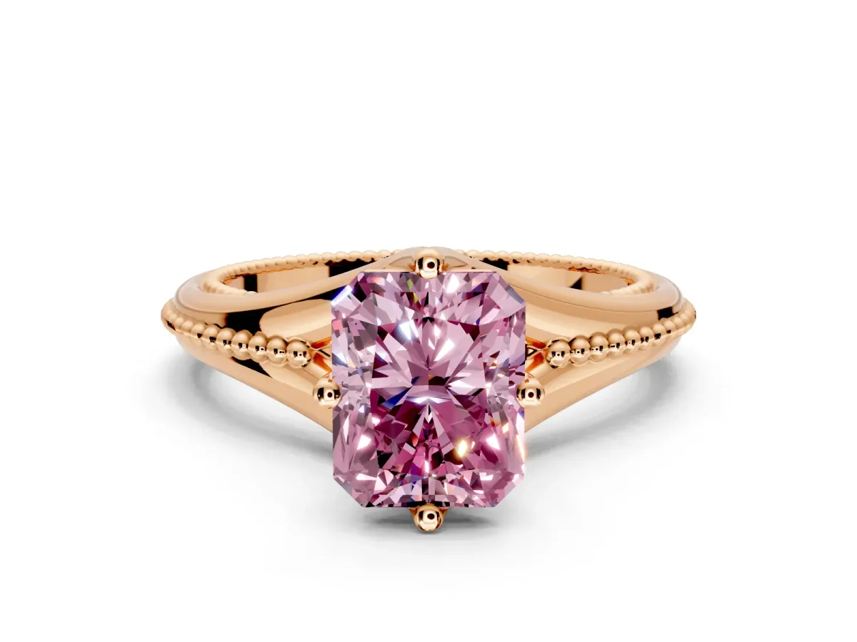 Solitaire Engagement Ring Setting for Fancy Pink Radiant Cut Center with Milgrain Cathedral Band and Prong Head in Rose Gold