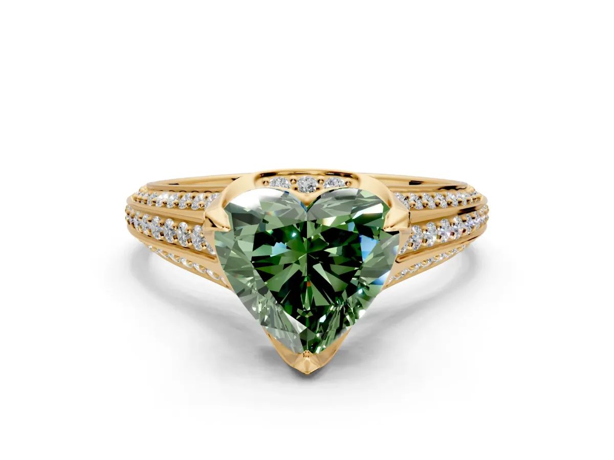 Solitaire Engagement Ring Setting for Fancy Green Heart-Shaped Center with Accented Split Shank and Prong Head in Yellow Gold