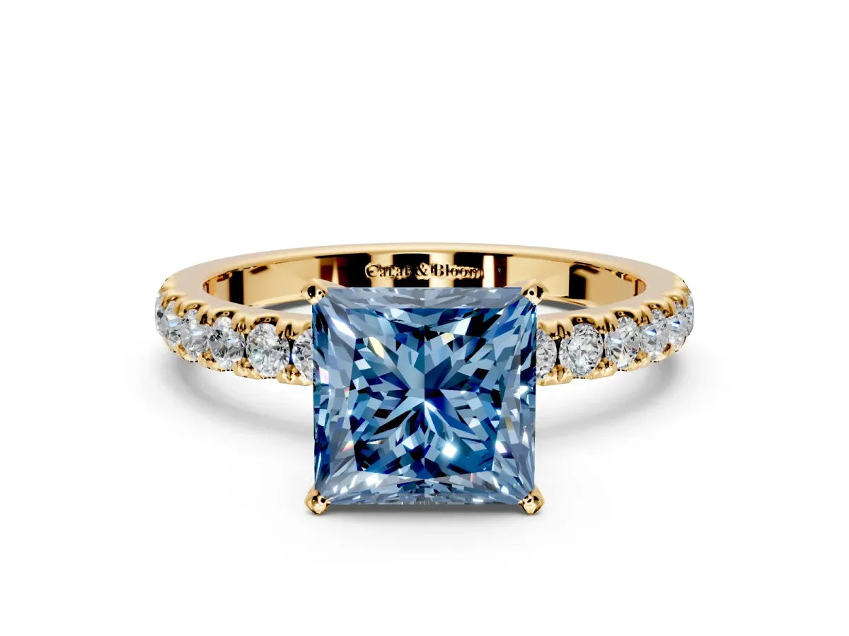 Open Basket Engagement Ring Setting for Fancy Blue Princess Cut Center with Pave Band and Prong Head in Yellow Gold