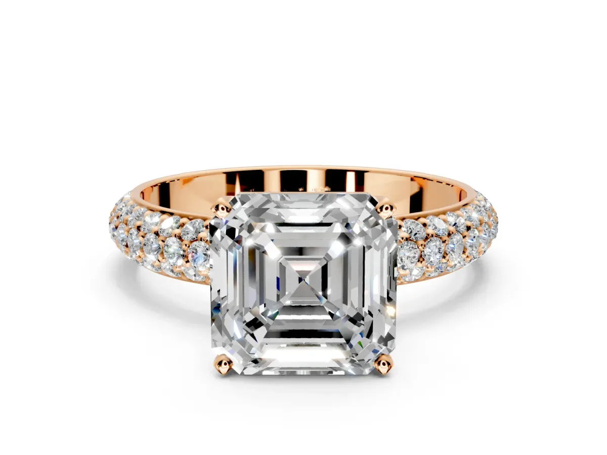 Solitaire Engagement Ring Setting for Asscher Cut Center with Domed Multi-Row Pave Band and Prong Head in Rose Gold