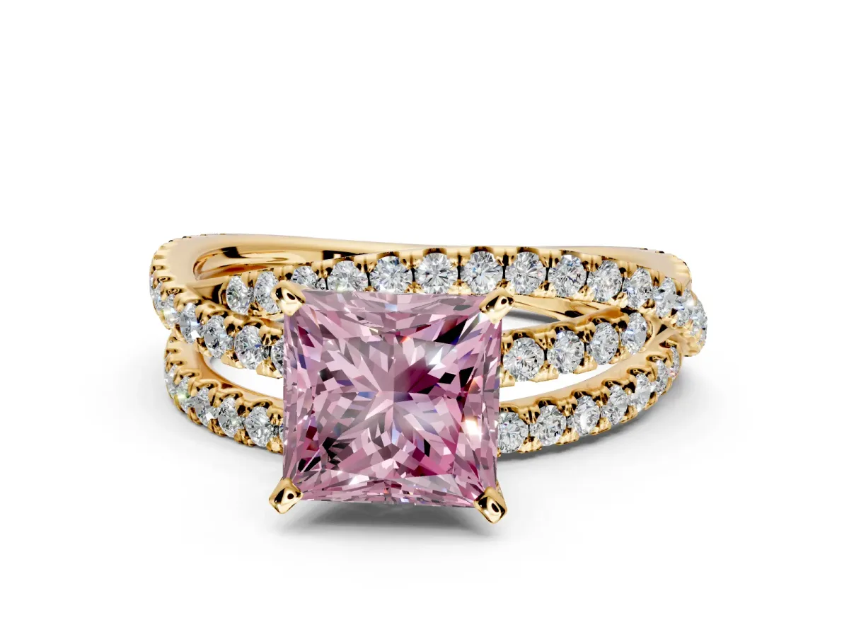 Solitaire Engagement Ring Setting for Fancy Pink Princess Cut Center with Woven 3-Strand Pave Band and Prong Head in Yellow Gold