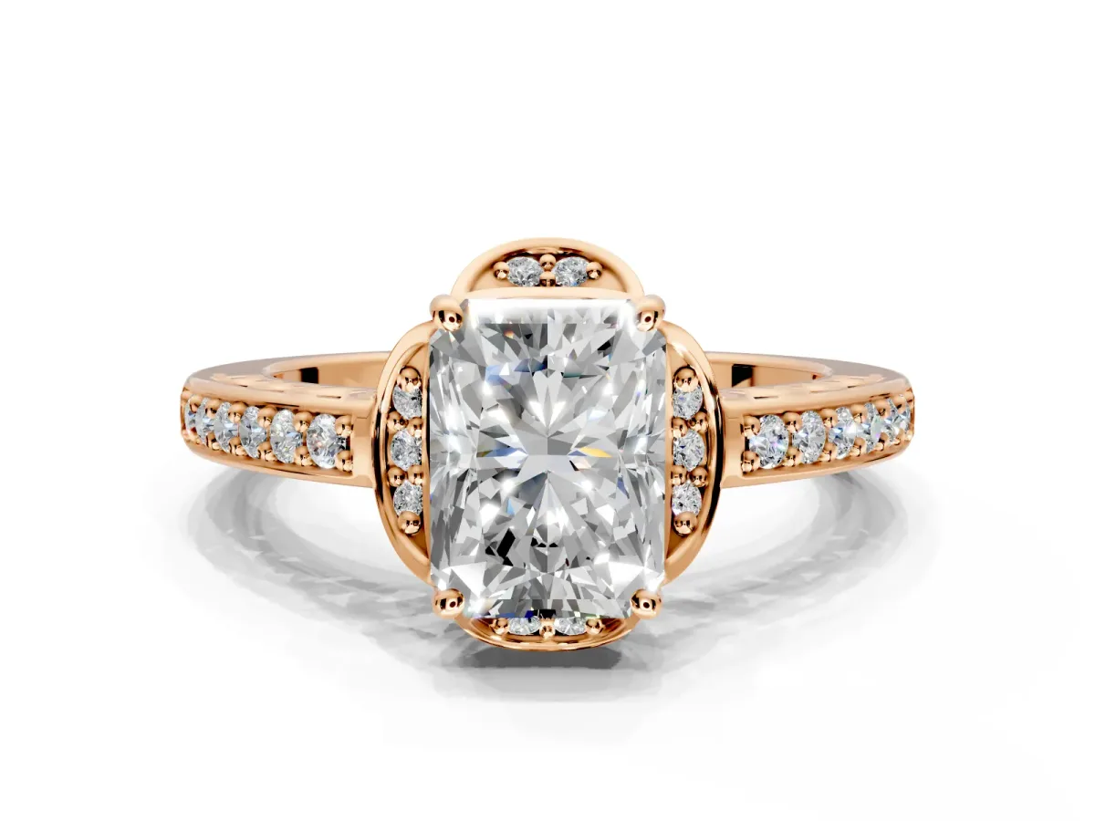 Floral Engagement Ring Setting for Radiant Cut Center with Four Accent Clusters and Prong Head in Rose Gold