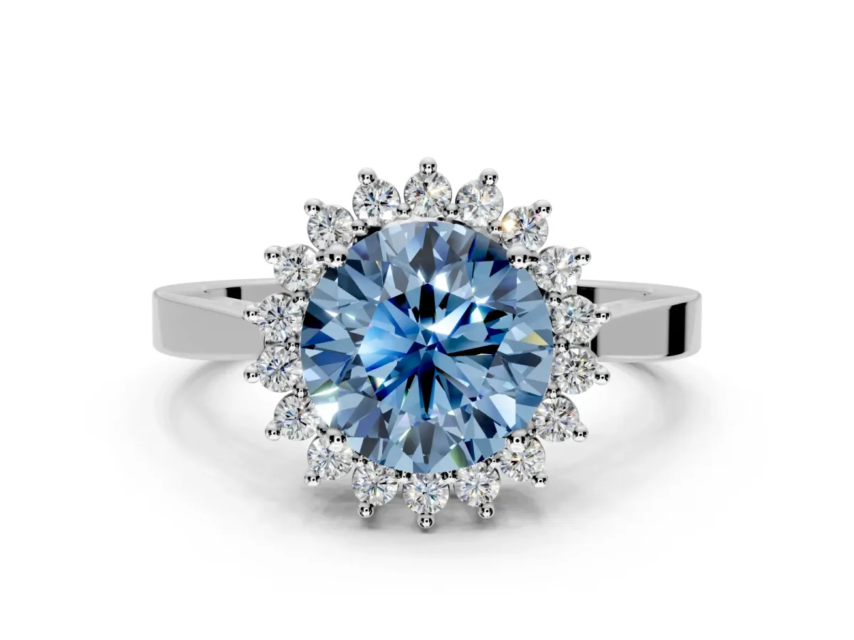 Starburst Halo Engagement Ring Setting for Fancy Blue Round Cut Center with Flat Cathedral Band and Prong Head in White Gold