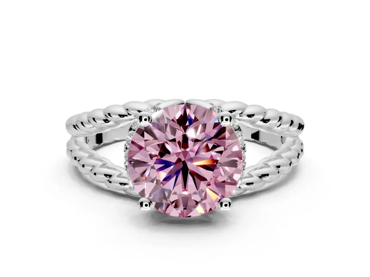 Halo Engagement Ring Setting for Fancy Pink Round Cut Center with Rope Twist Split Shank and Prong Head in Sterling Silver