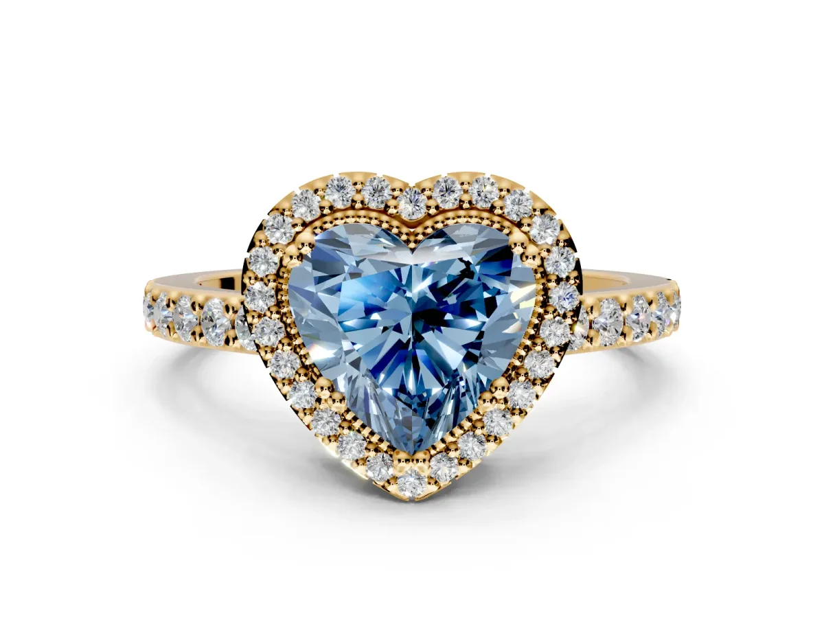 Halo Engagement Ring Setting for Fancy Blue Heart-Shaped Center with Inner Milgrain Border and Prong Head in Yellow Gold