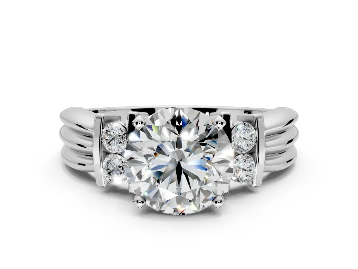 Solitaire Engagement Ring Setting for Round Cut Center with Grooved Bar Accent Band and Prong Head in Sterling Silver