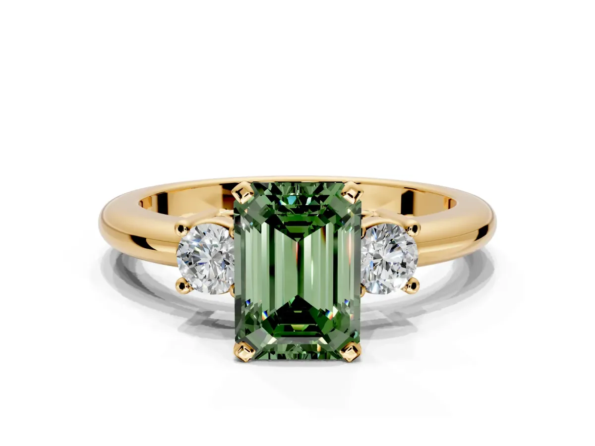3 Stone Engagement Ring Setting for Fancy Green Emerald Cut Center with Wide Plain Band and Prong Head in Yellow Gold