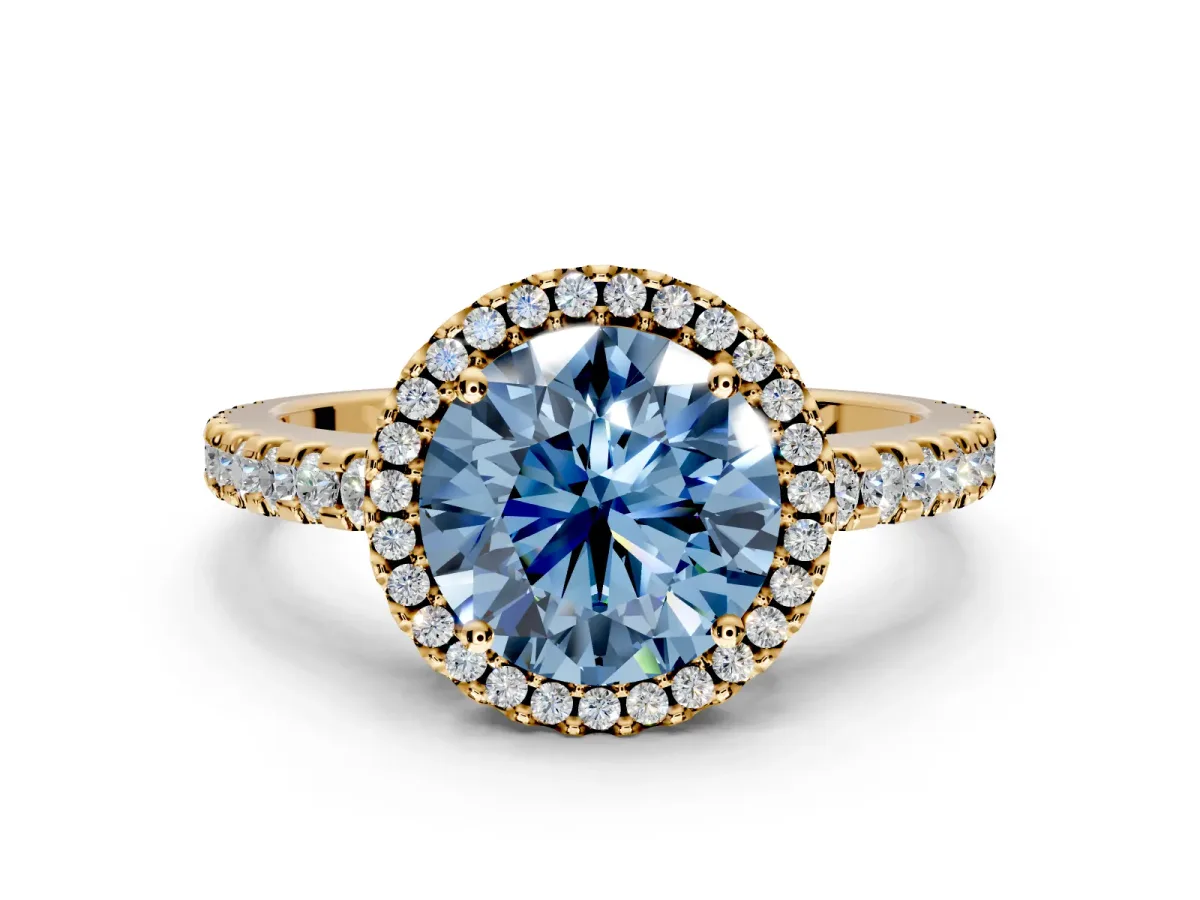 Accent Halo Engagement Ring Setting for Fancy Blue Round Cut Center with Full-Length Pave Band and Prong Head in Yellow Gold