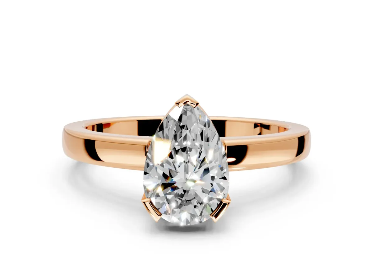 Solitaire Engagement Ring Setting for Pear-Shaped Center with Plain Band and Flat Tab Prong Head in Rose Gold