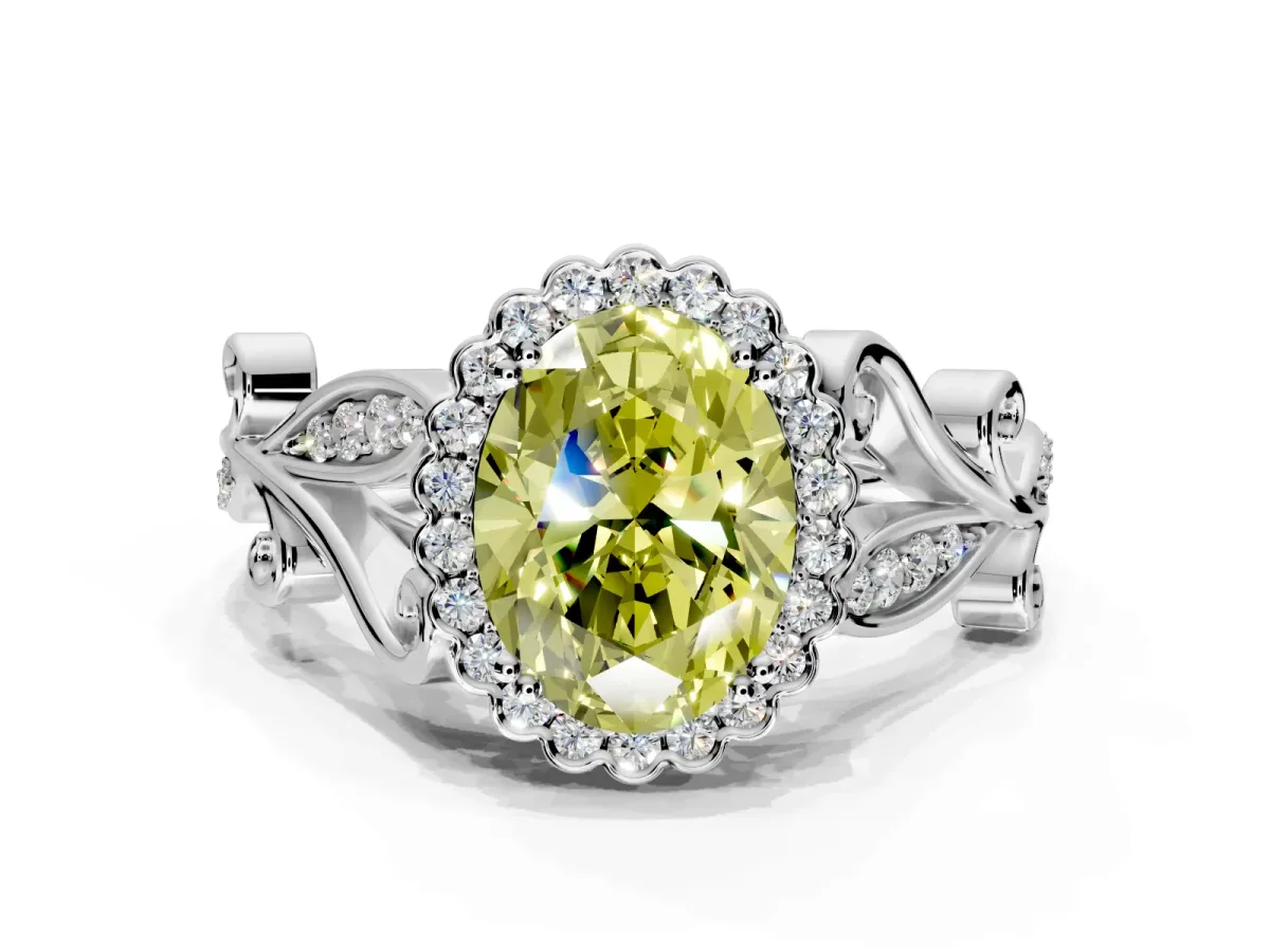 Halo Engagement Ring Setting for Fancy Yellow Oval Center with Leaf Motif Split Shank and Prong Head in White Gold