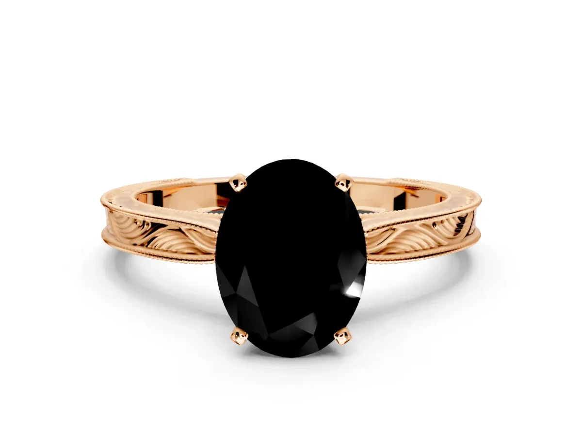Solitaire Engagement Ring Setting for Fancy Black Oval Center with Engraved Milgrain Band and Prong Head in Rose Gold