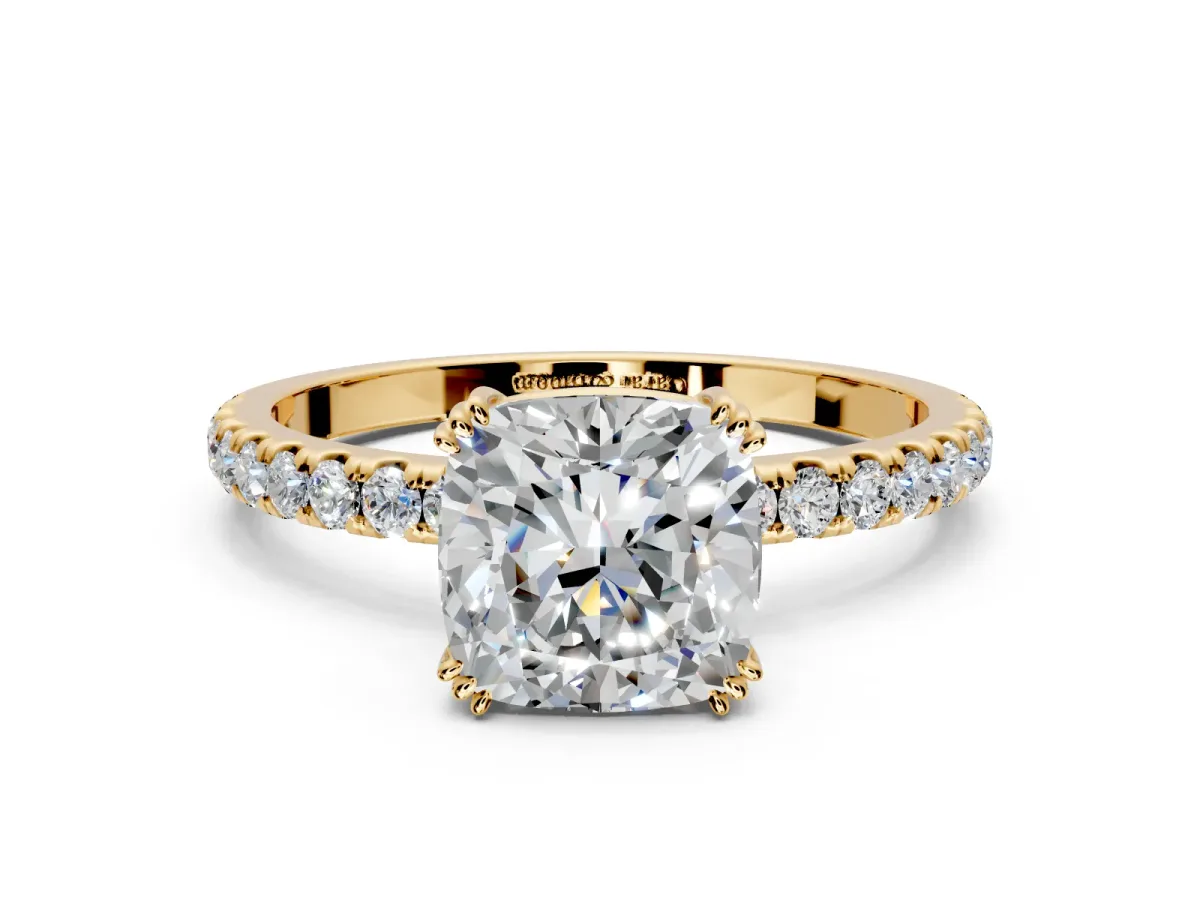 Solitaire Engagement Ring Setting for Cushion Cut Center with Pave Band and Claw Prong Head in Yellow Gold