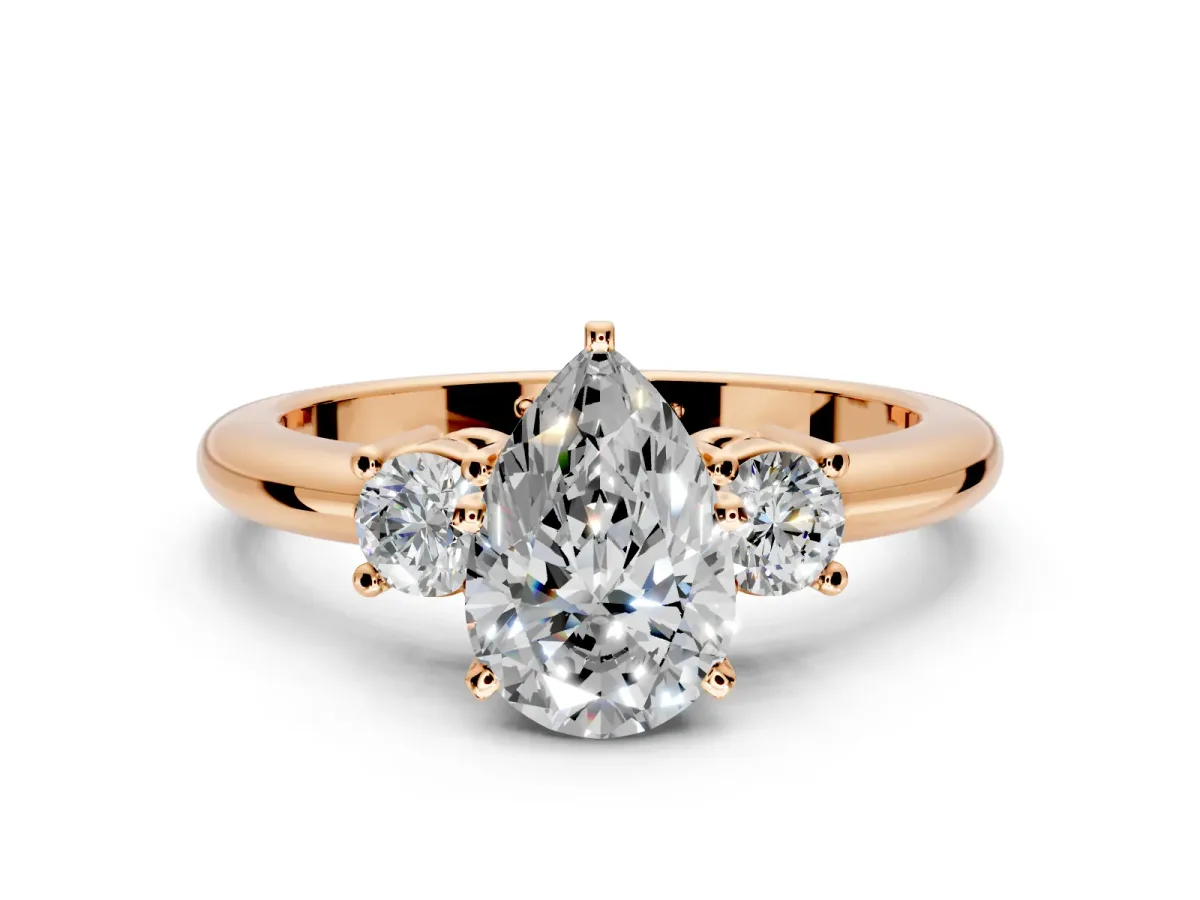 3 Stone Engagement Ring Setting for Pear-Shaped Center with Wide Plain Band and Prong Head in Rose Gold