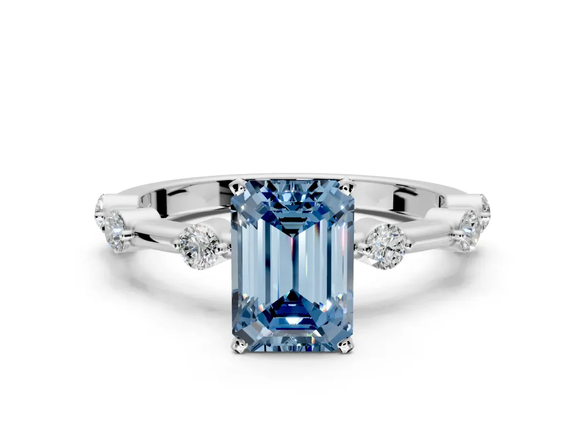 Solitaire Engagement Ring Setting for Fancy Blue Emerald Cut Center with Bezel Station Band and Prong Head in Sterling Silver
