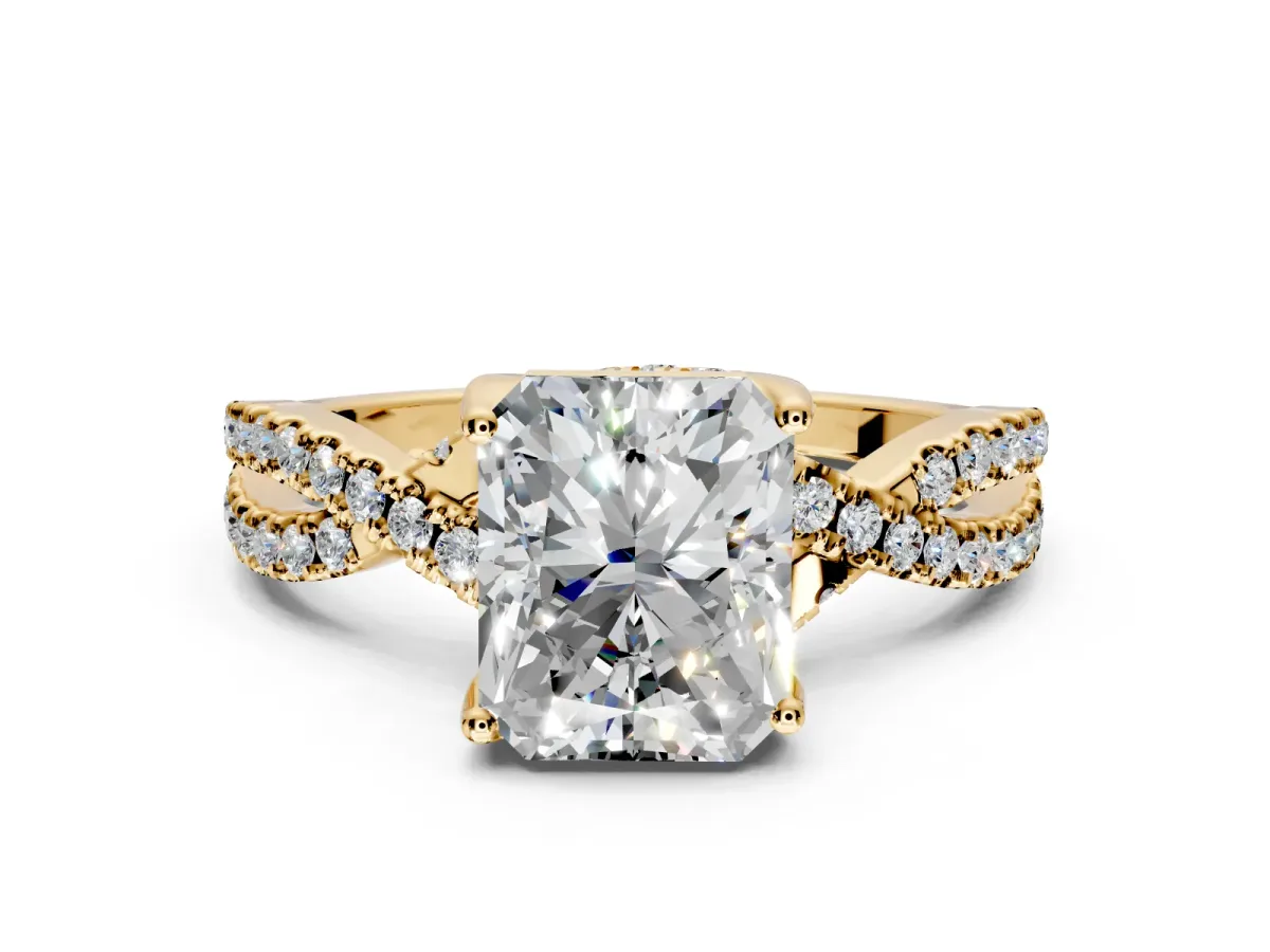 Solitaire Engagement Ring Setting for Radiant Cut Center with Narrow Twist Pave Band and Prong Head in Yellow Gold