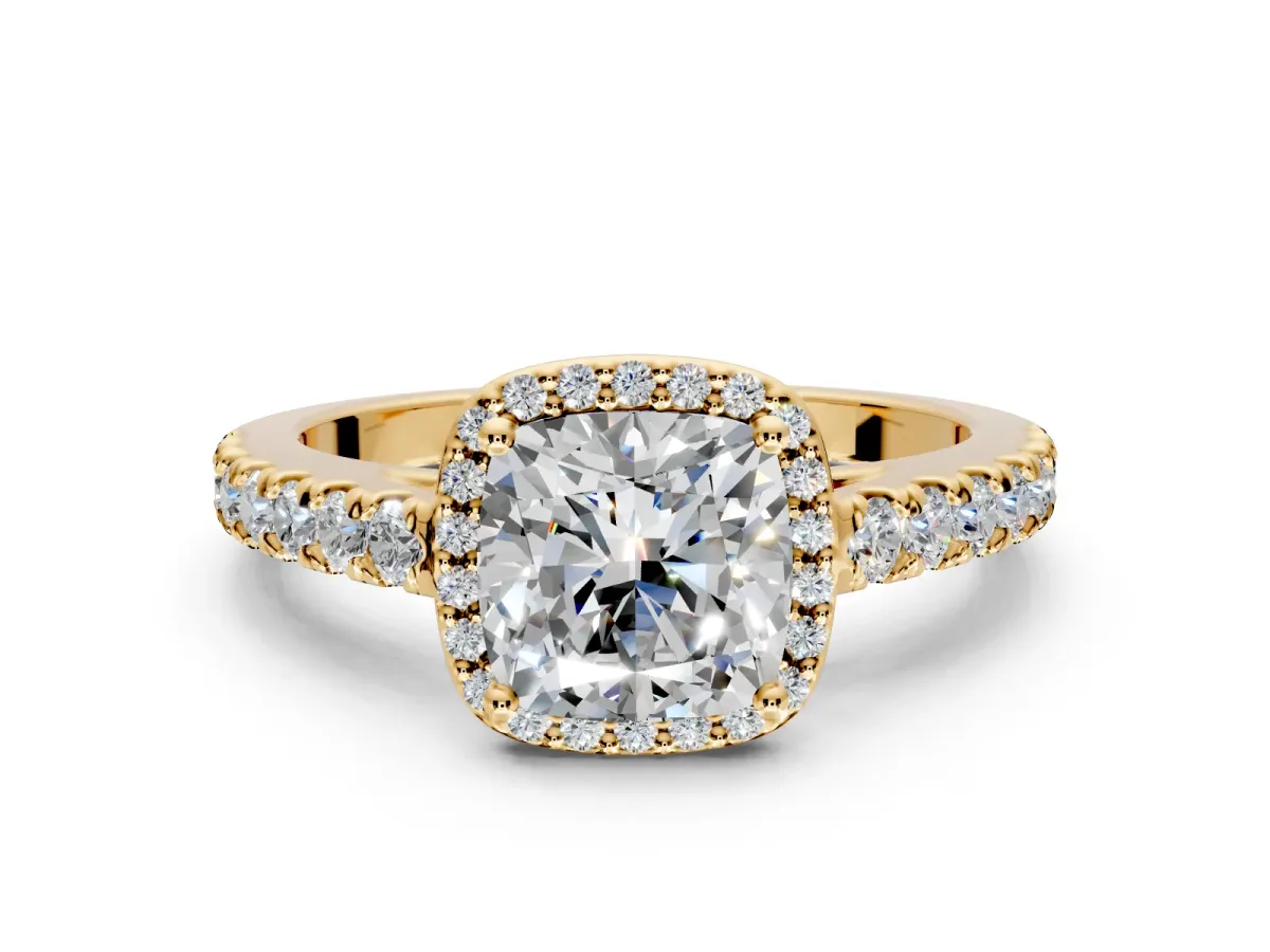 Halo Engagement Ring Setting for Cushion Cut Center with Full Pave Band and Prong Head in Yellow Gold