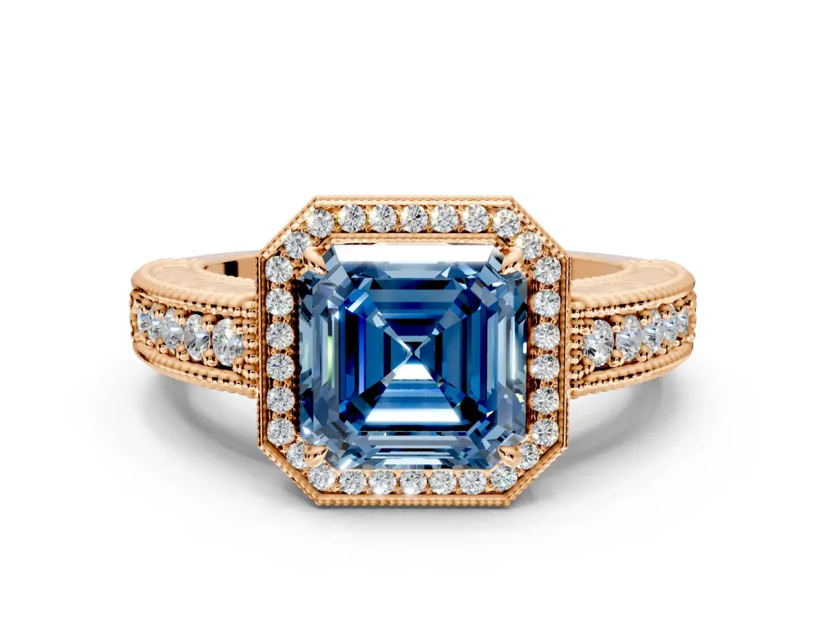 Milgrain Halo Engagement Ring Setting for Fancy Blue Asscher Cut Center with Pave Band and Prong Head in Rose Gold
