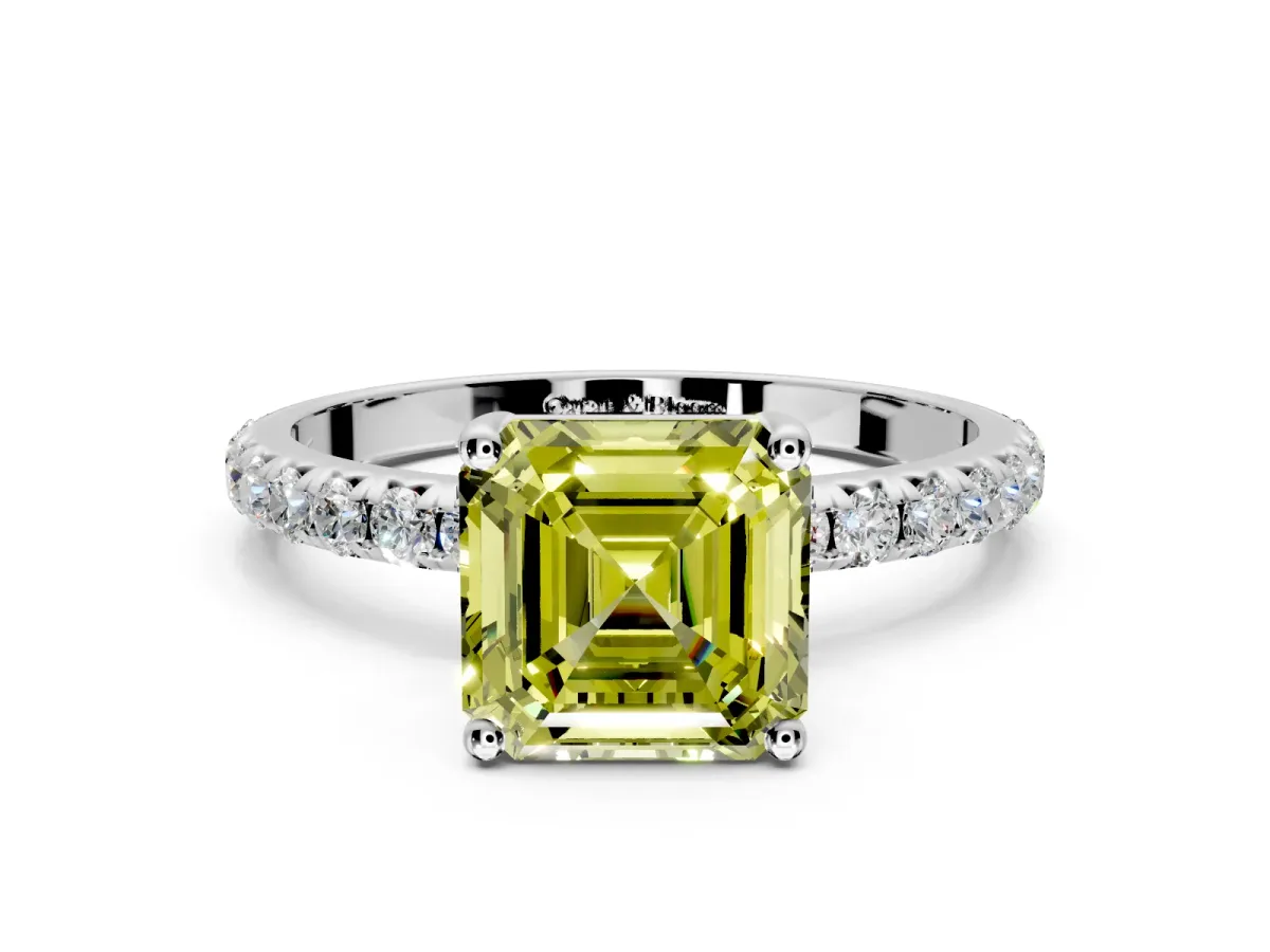 Solitaire Engagement Ring Setting for Fancy Yellow Asscher Cut Center with Micro Pave Band and Prong Head in Platinum