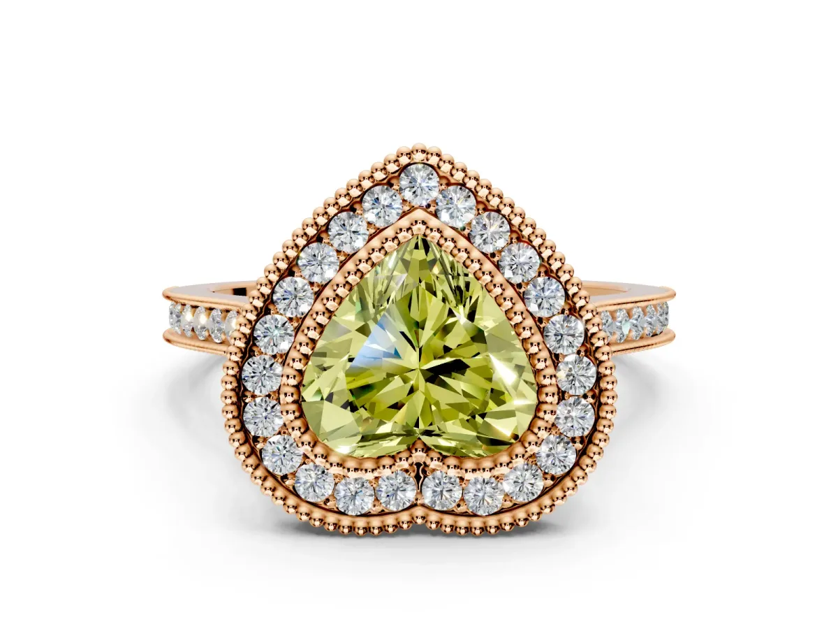 Halo Engagement Ring Setting for Fancy Yellow Heart-Shaped Center with Milgrain Frame, Pave Band and Prong Head in Rose Gold