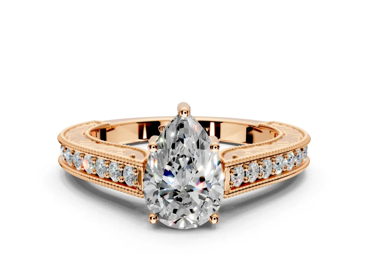 Solitaire Engagement Ring Setting for Pear-Shaped Center with Engraved Pave Band and Prong Head in Rose Gold