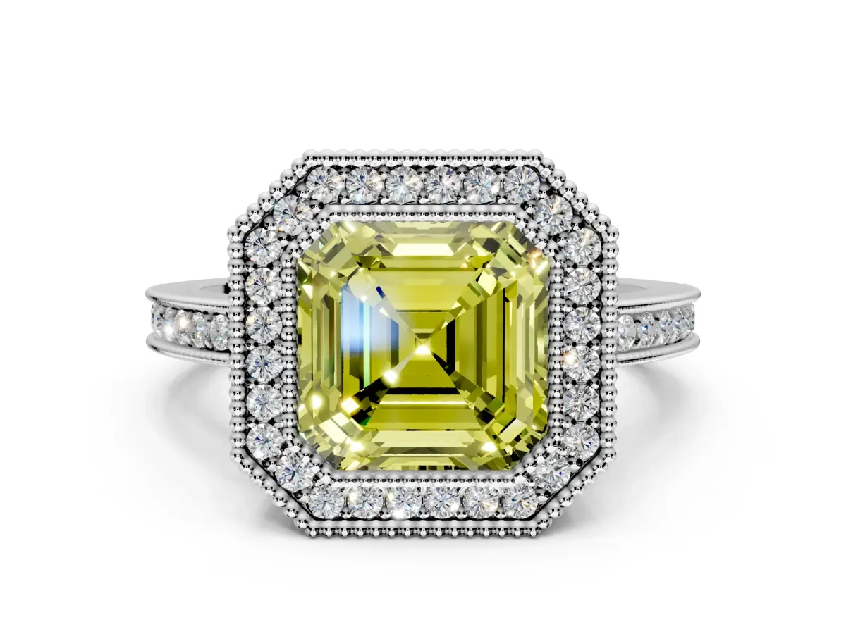 Halo Engagement Ring Setting for Fancy Yellow Asscher Cut Center with Milgrain Halo, Pave Band and Prong Head in Platinum