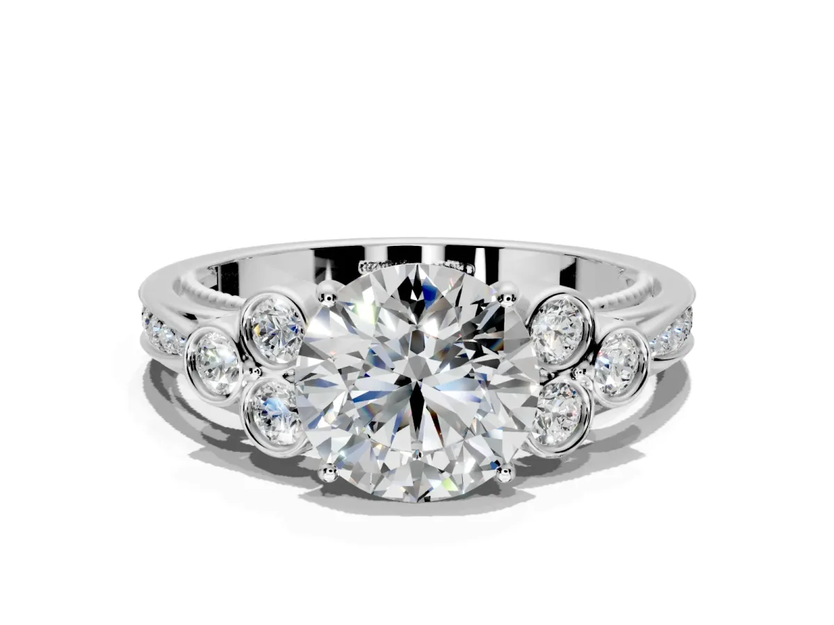 Cluster Engagement Ring Setting for Round Cut Center with Bezel Accent Clusters and Prong Head in Platinum