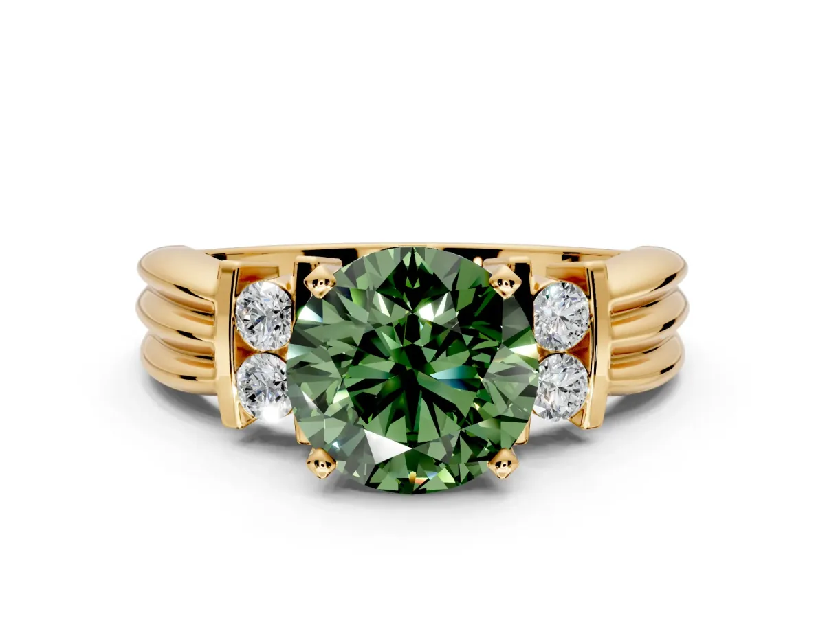 Solitaire Engagement Ring Setting for Fancy Green Round Cut Center with Grooved Bar Accent Band and Prong Head in Yellow Gold