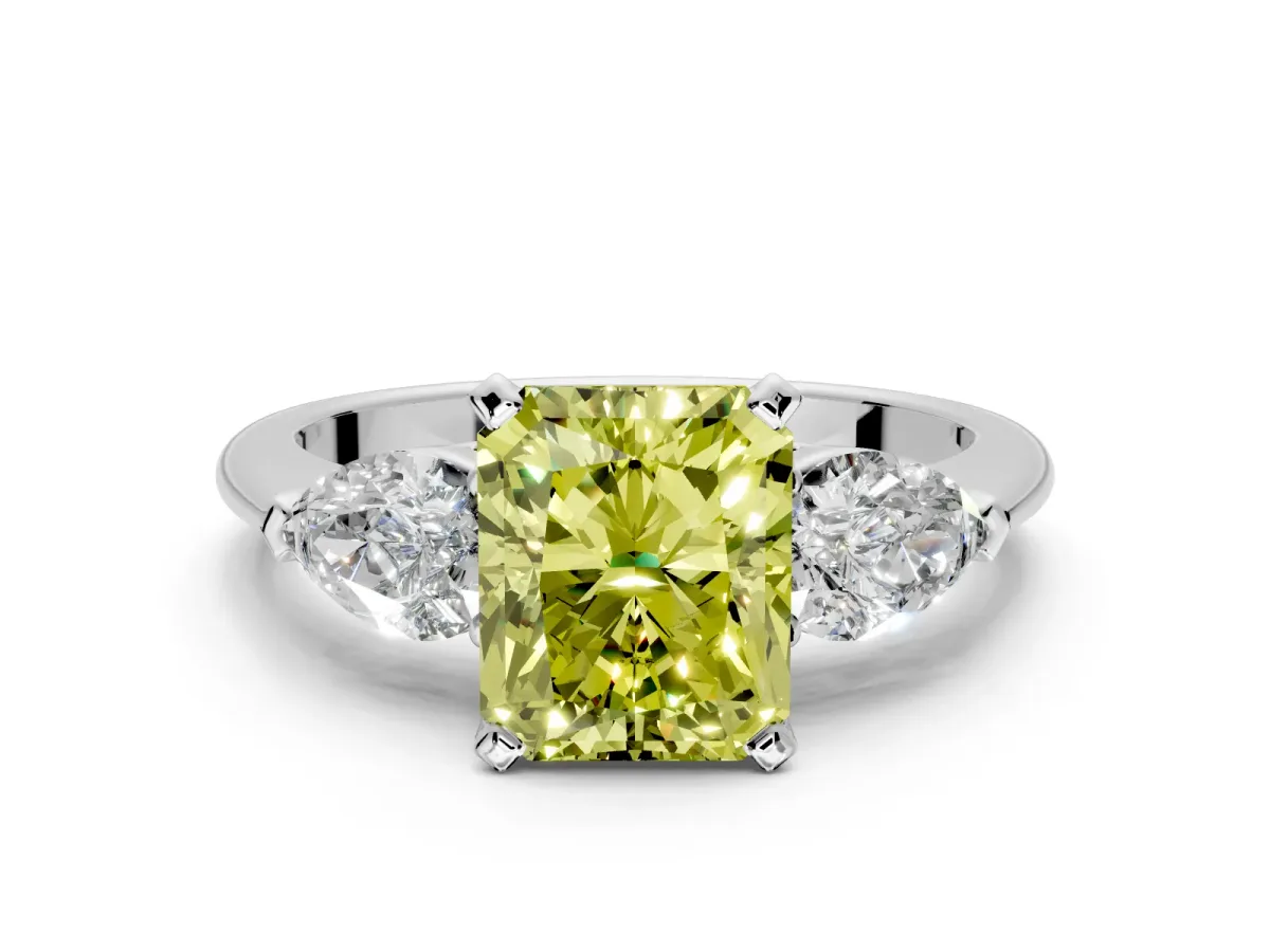 3 Stone Engagement Ring Setting for Fancy Yellow Radiant Cut Center with Large Pear-Shaped Accents and Prong Head in White Gold